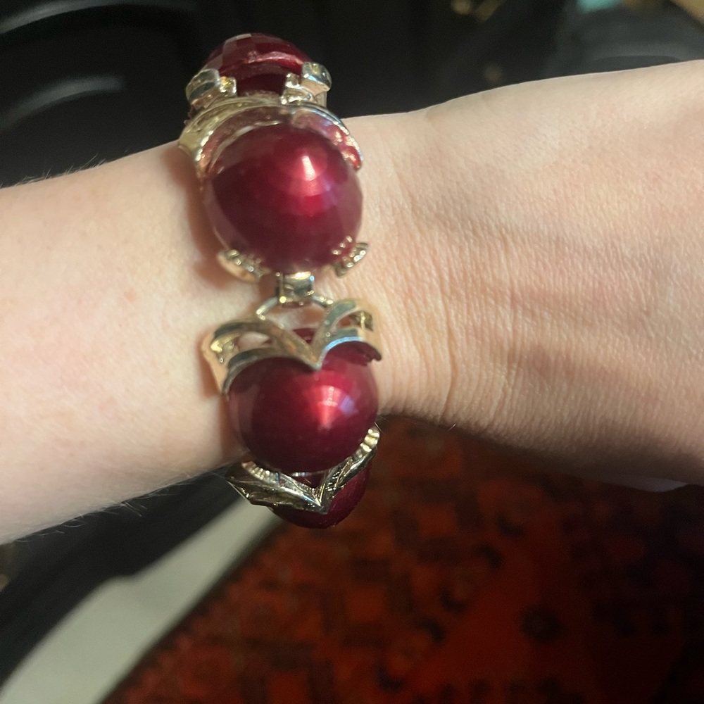 Vintage Silver Tone Large Chunky Bracelet with Large Red Orbs